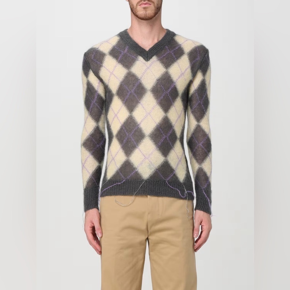 497 Nwt Marni Argyle-pattern V-neck wool-blend jumper Size 54 Color Grey Yellow - Picture 2 of 12